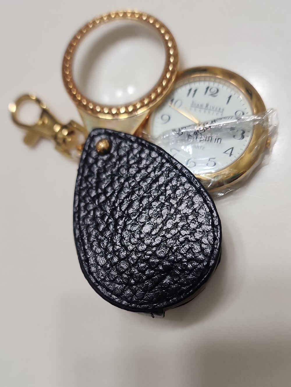 Joan Rivers Black Pebbled Leather Teardrop Key & Watch Holder with Gold Accents